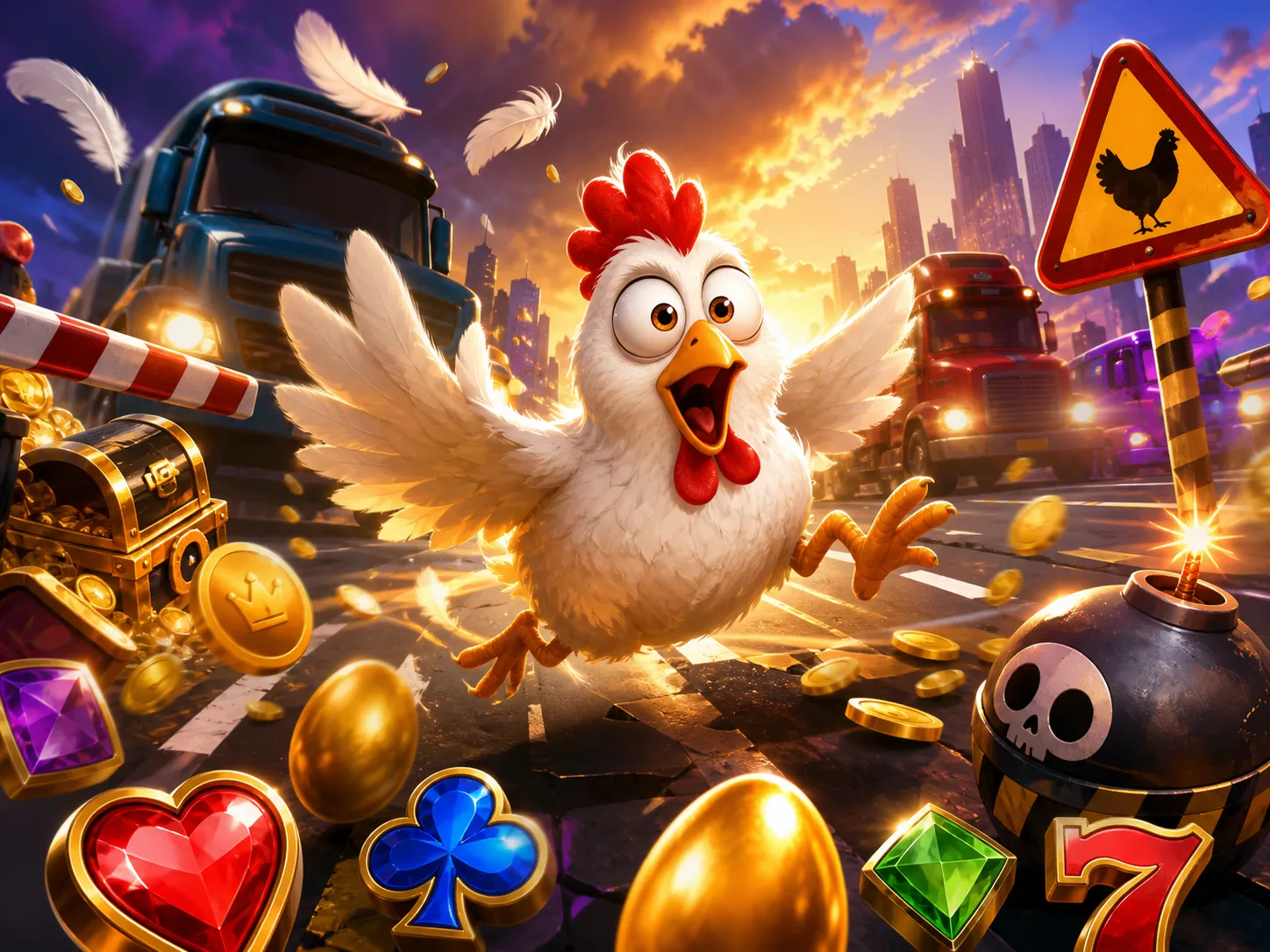 Colorful promotional artwork featuring a playful chicken navigating traffic lanes on Chicken Road slot game.