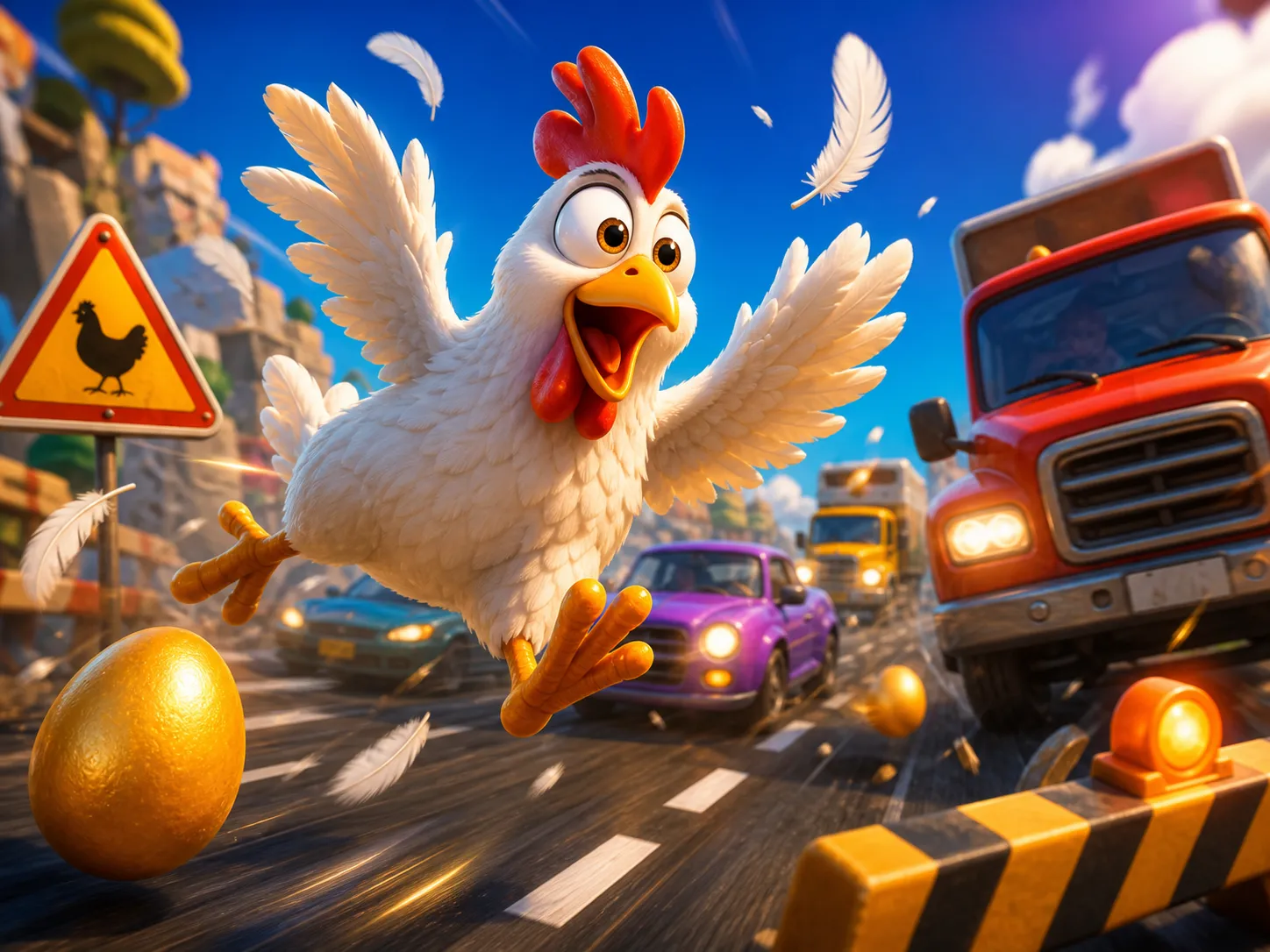 Artwork of Chicken Road slot game featuring a funny chicken character on a lively road.