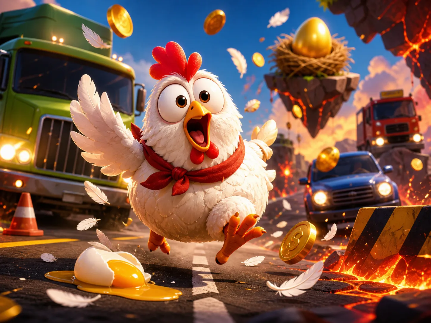 Promotional artwork for Chicken Road slot game featuring funny chicken characters, roads, and playful crash-game atmosphere.